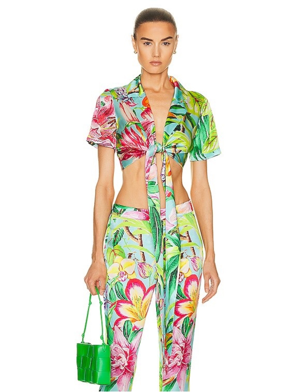 Rococo Sand Tropical Floral Tie-Front Crop Top - Green, Pink, Yellow